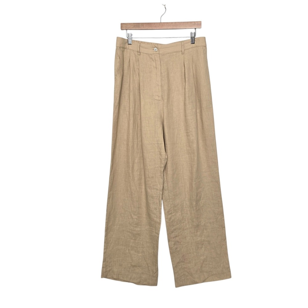 DONNI Sand 100% Linen Wide Leg Pleated High Waist Pants Beige Tan Size Large